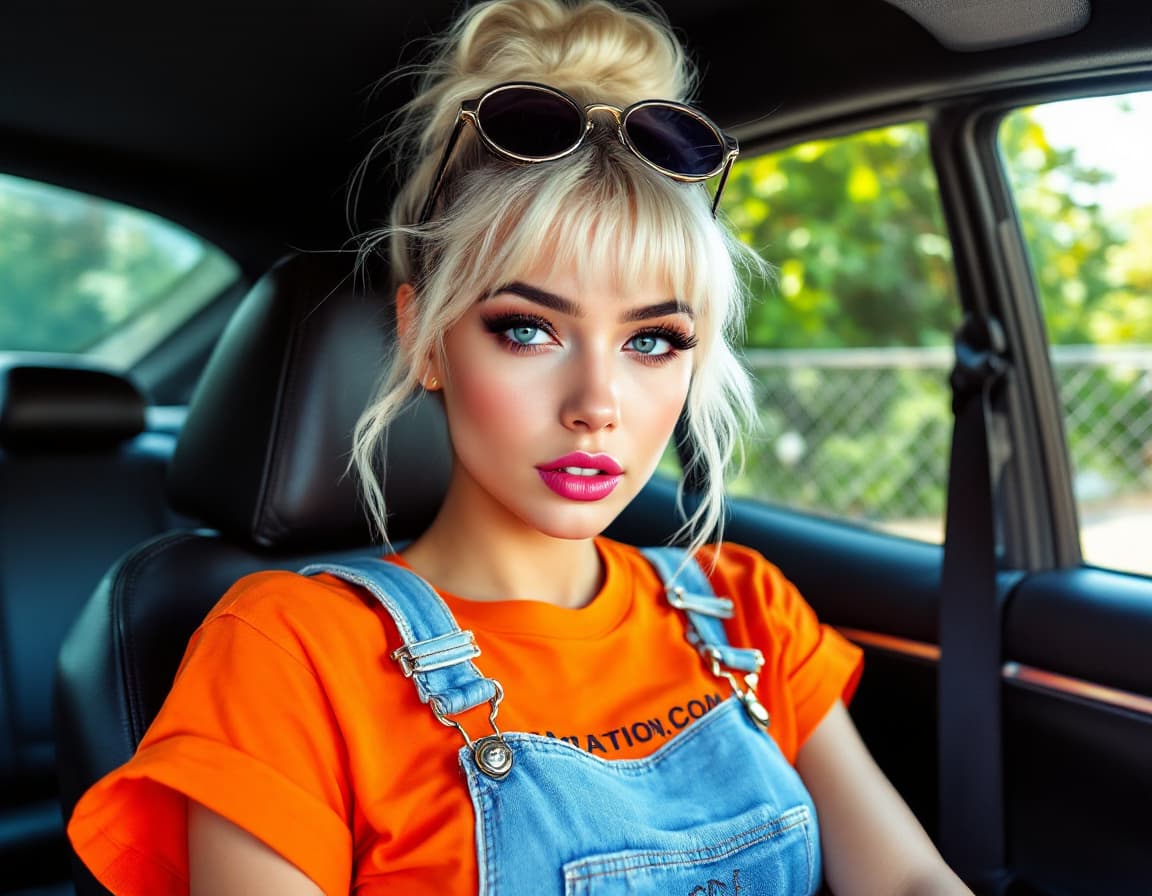 AI generated: "A young woman with platinum blonde hair styled in a high bun and wispy bangs, wearing oversized rou...