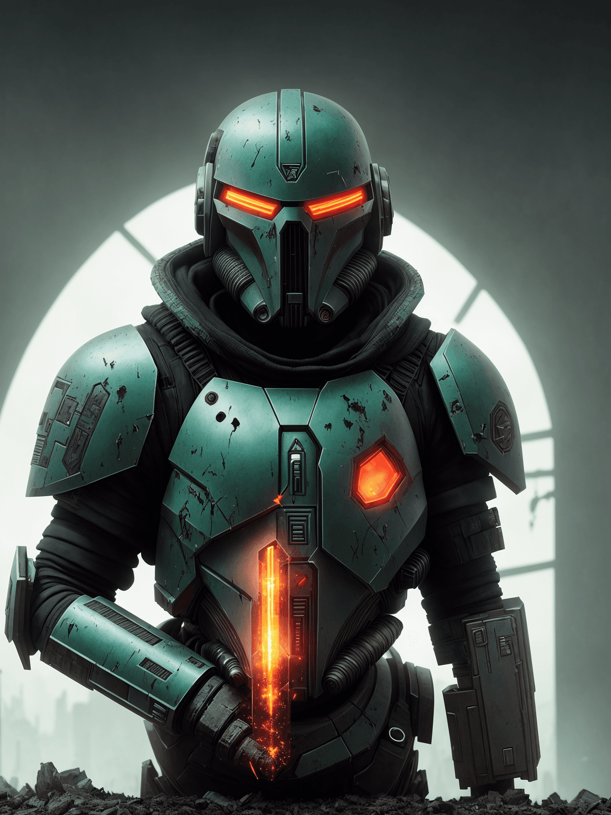 AI generated: A haunting scene of a zombie Stormtrooper| decayed armor| eerie green (glowing eyes:1. 2)| Staggerin...