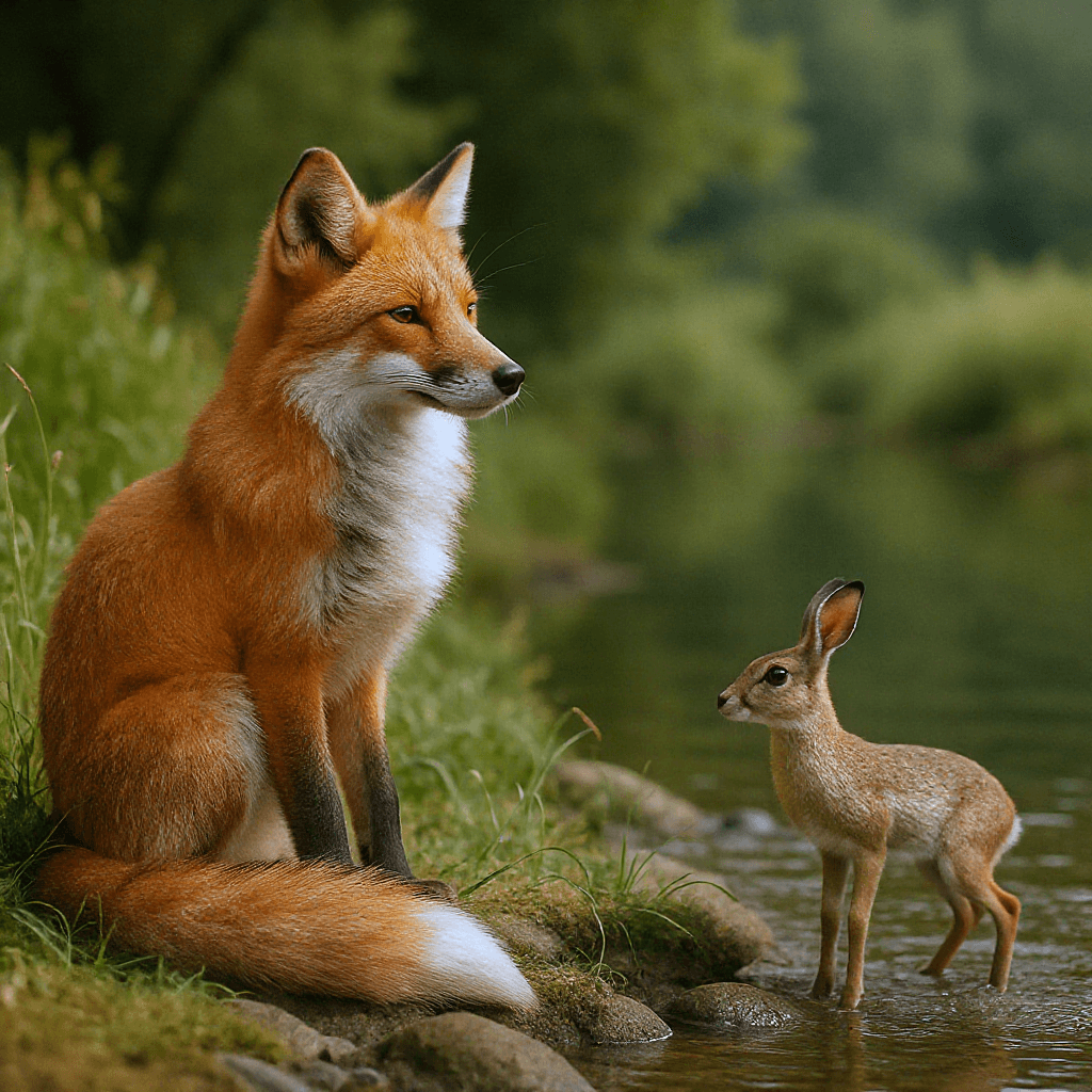 AI generated: A fox sitting  by a river bank looking at the hare. 