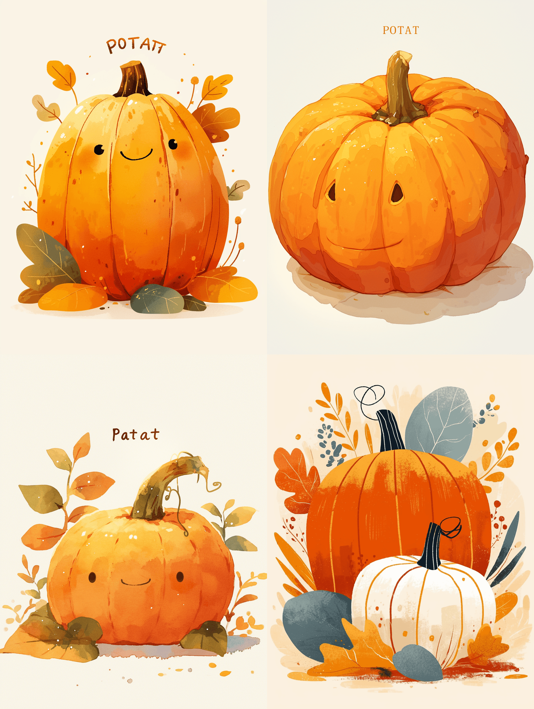 AI generated: a simple abstract cute pumpkin on its side with text above that says potat with white background --s...