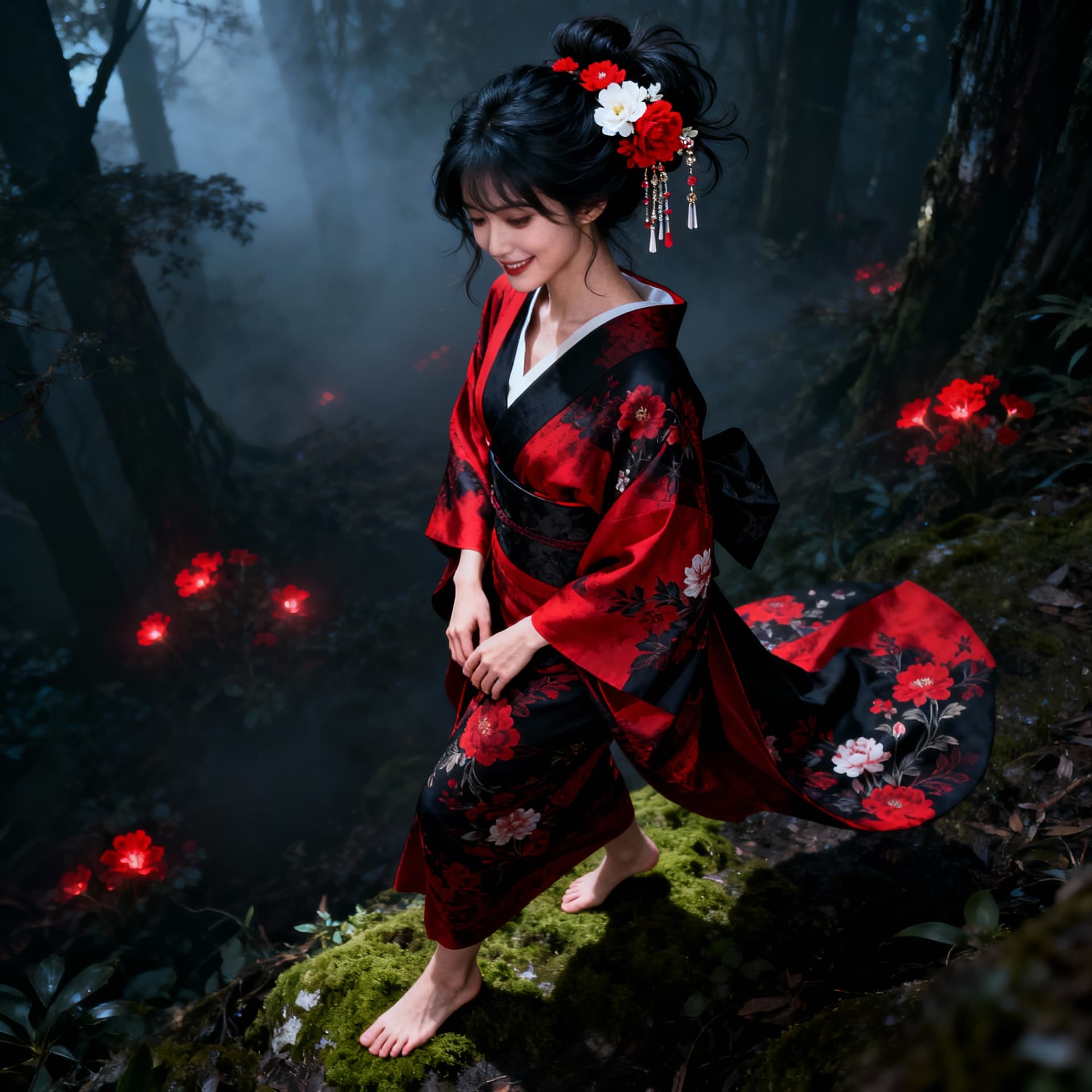AI generated: 3-quarter view from above of A stunning, elegant woman in a dark, enchanted forest walks barefoot, s...