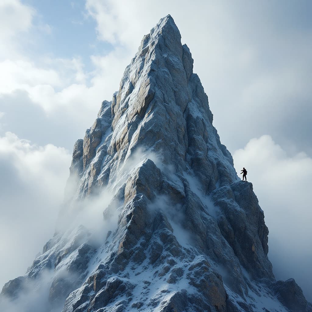 AI generated: A towering mountain made of steel and rock, with a climber sculpted from pure resilience reaching th...