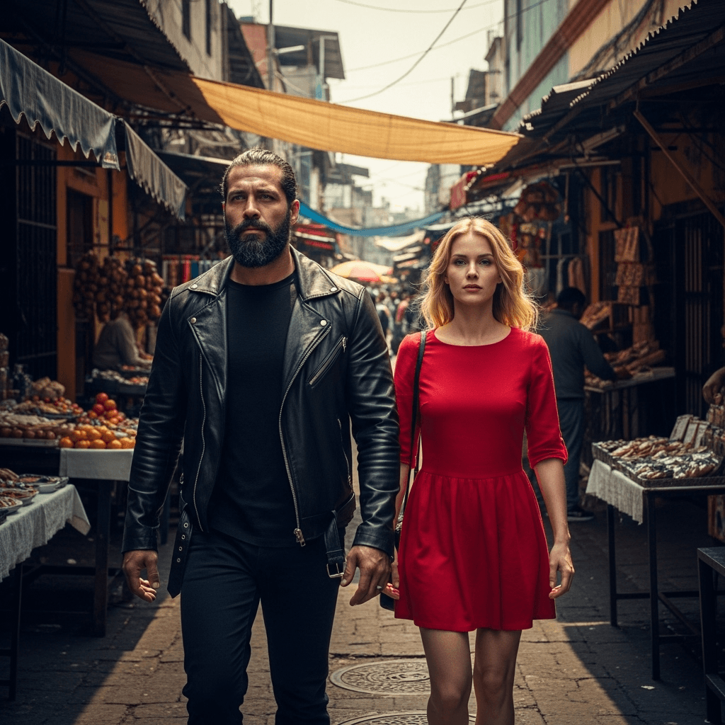 AI generated: a bold man with a lady, walking through Tepito, the most dangerous neighbourhood of Mexico City