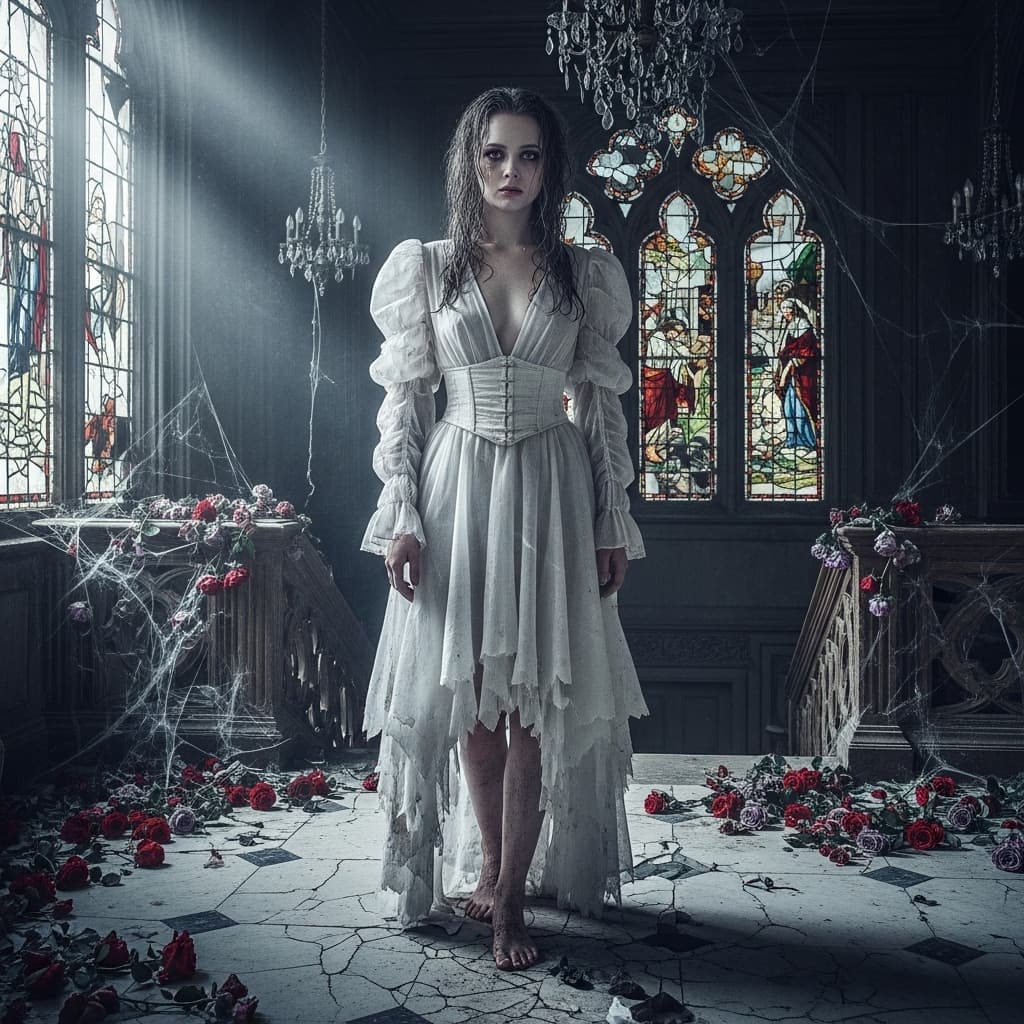 AI generated: Gothic horror romantic fashion for young women, translucent white dress tinged with dust and earth, ...