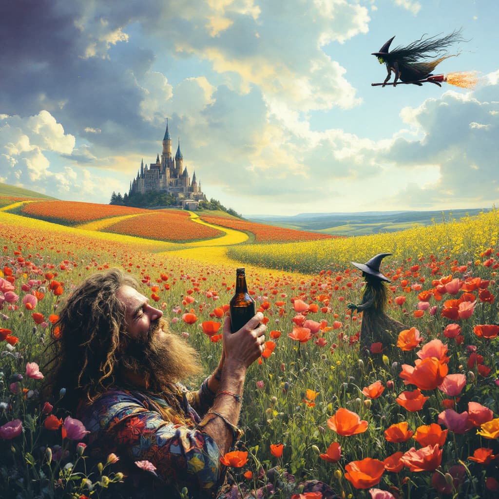 AI generated: a totally wasted  hippie with a dopey grin partly closed eyes is  in a field of poppies laying prone...
