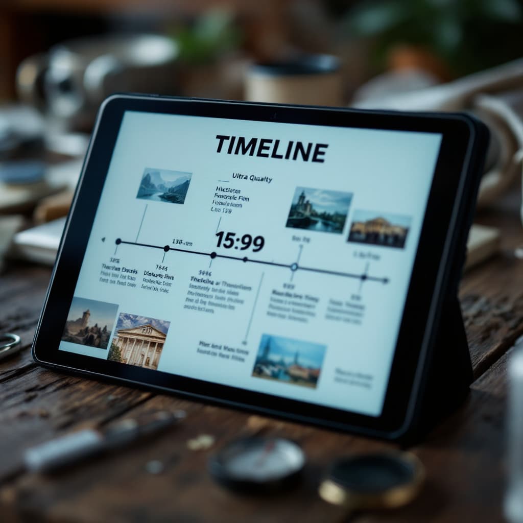 AI generated: A timeline of historical events on a tablet screen. dslr, ultra quality, sharp focus, tack sharp, do...