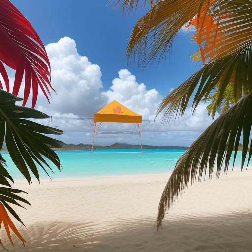 AI generated: primer plano,hibiscus rojo amarillo naranja, día, en segundo plano playa transparente arena, nubes, ...