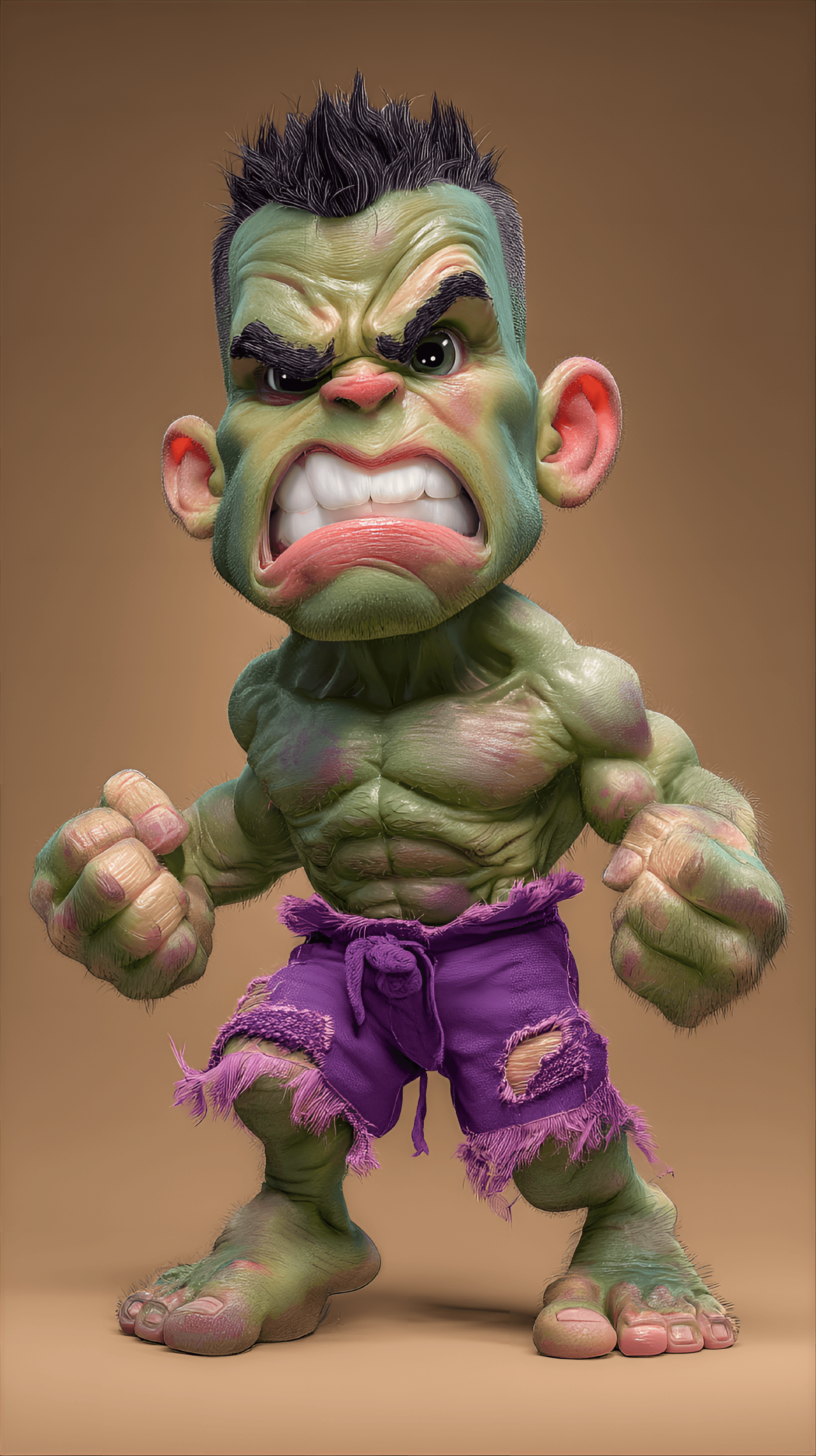 AI generated: funny caricature, tiny toddler hulk caricature, young green male, 4 years old, with muscular build, ...