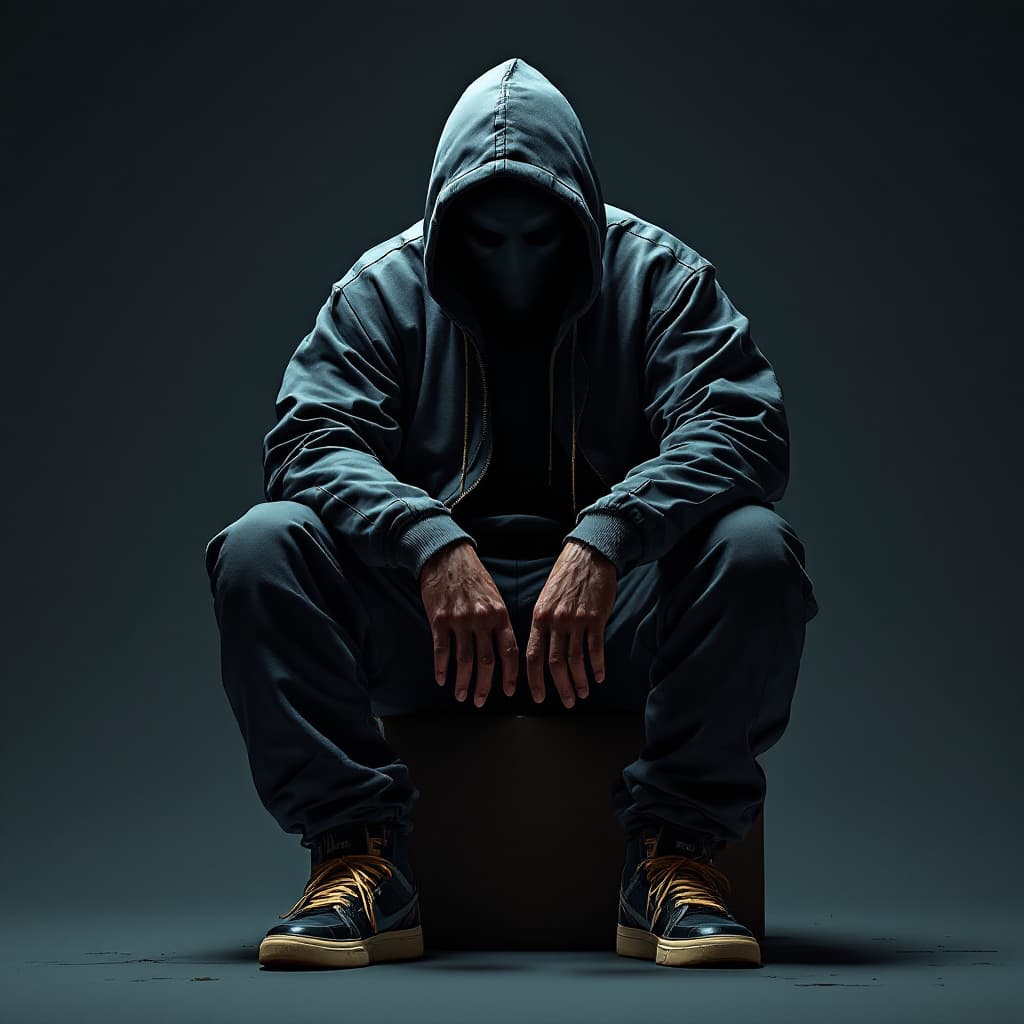 AI generated: image of a man in a hoodie and sneakers, high detail iconic character in a hood, wearing a tracksuit...