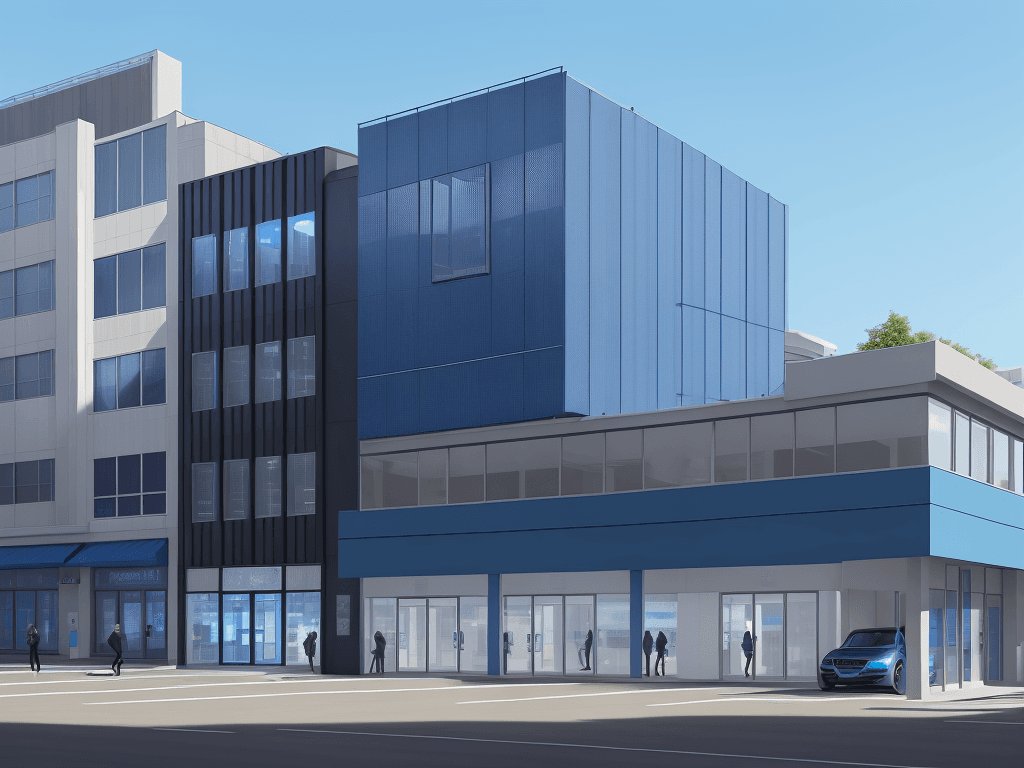 AI generated: Three-story building, facade all in blue glass, small, corporate, modern minimalist architecture, co...