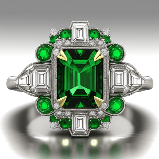 AI generated: classical ring with diamond and emerald, art deco, french creation, fresh and young