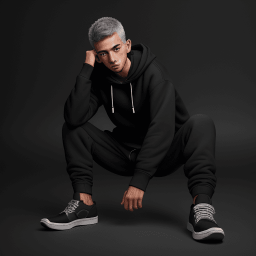 AI generated: capturing a model, man wearing basic hoodie, matte black, dark grey cargo jogger pant, skate shoes, ...