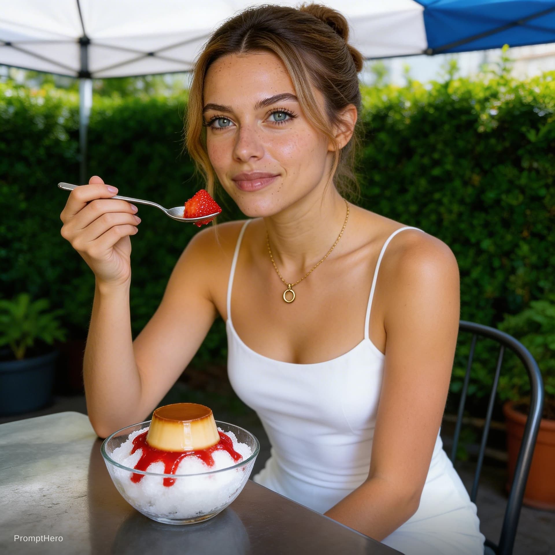 AI generated: A highly detailed, photorealistic, cinematic high , enjoying a bowl of shaved ice at an outdoor cafe...