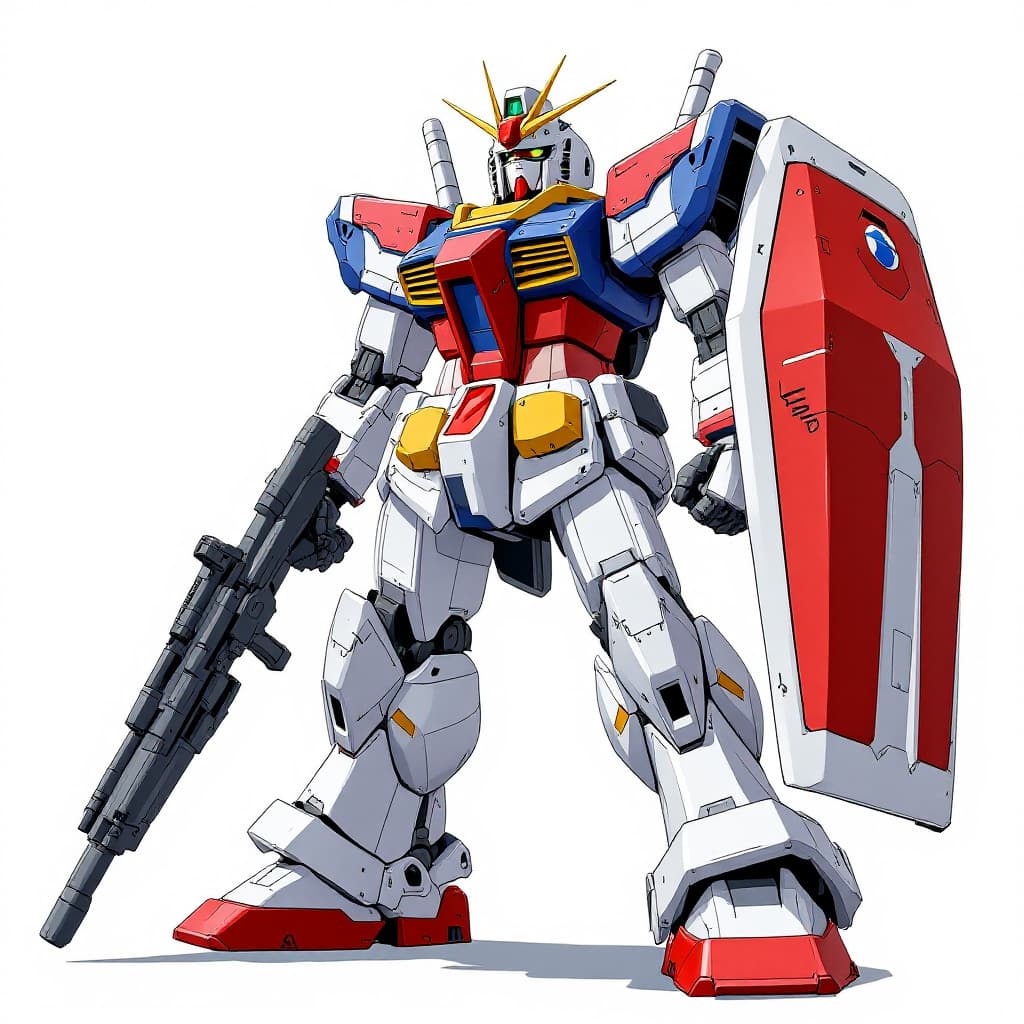 AI generated: illustration of RX-78-2 Gundam, with shield and weapon, in the style of Kunio Okawara, anime, Mobile...