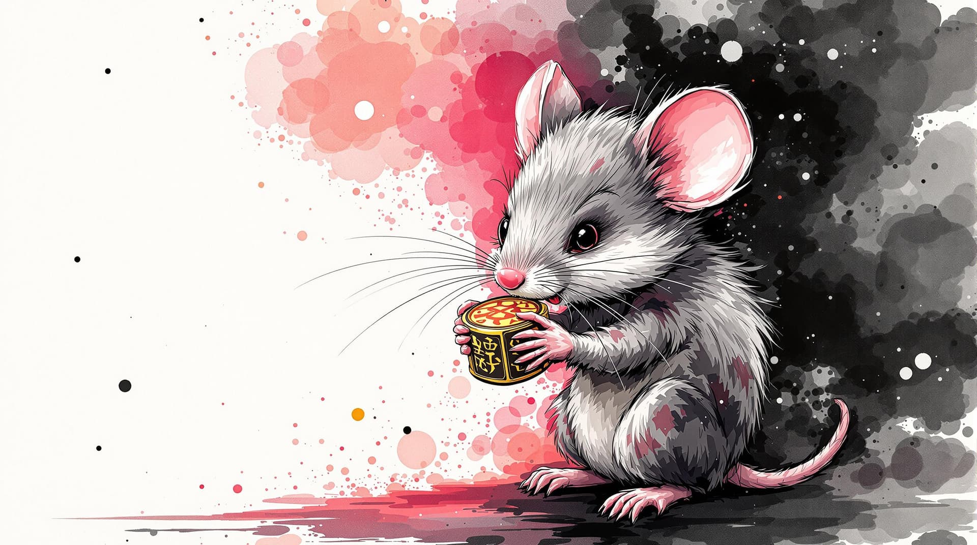 AI generated: cute Mouse with straight face grabing a protective talisman, detailed, ink style, Ink splash art on ...