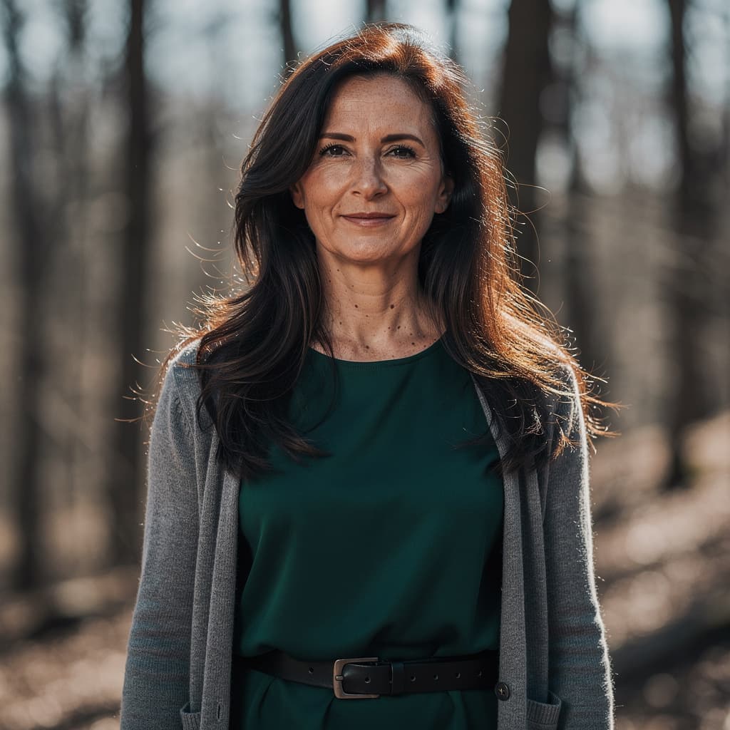 AI generated: cinematic image with dark shadows and high contrast,

A middle-aged woman with long, dark brown hair...