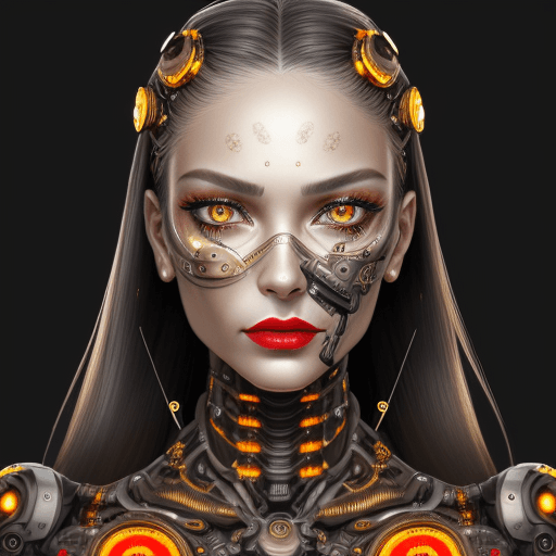 AI generated: Ultra-detailed full view a cybernetic woman, realistic and expressive eyes with amber tones, intense...