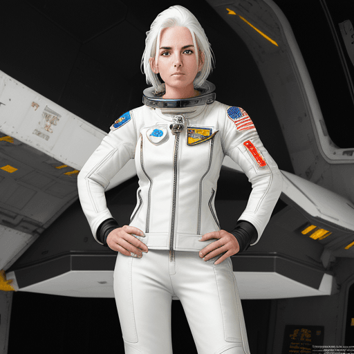 AI generated: High resolution photography of sporty female astronaut with white hair, icy eyes in leather white le...