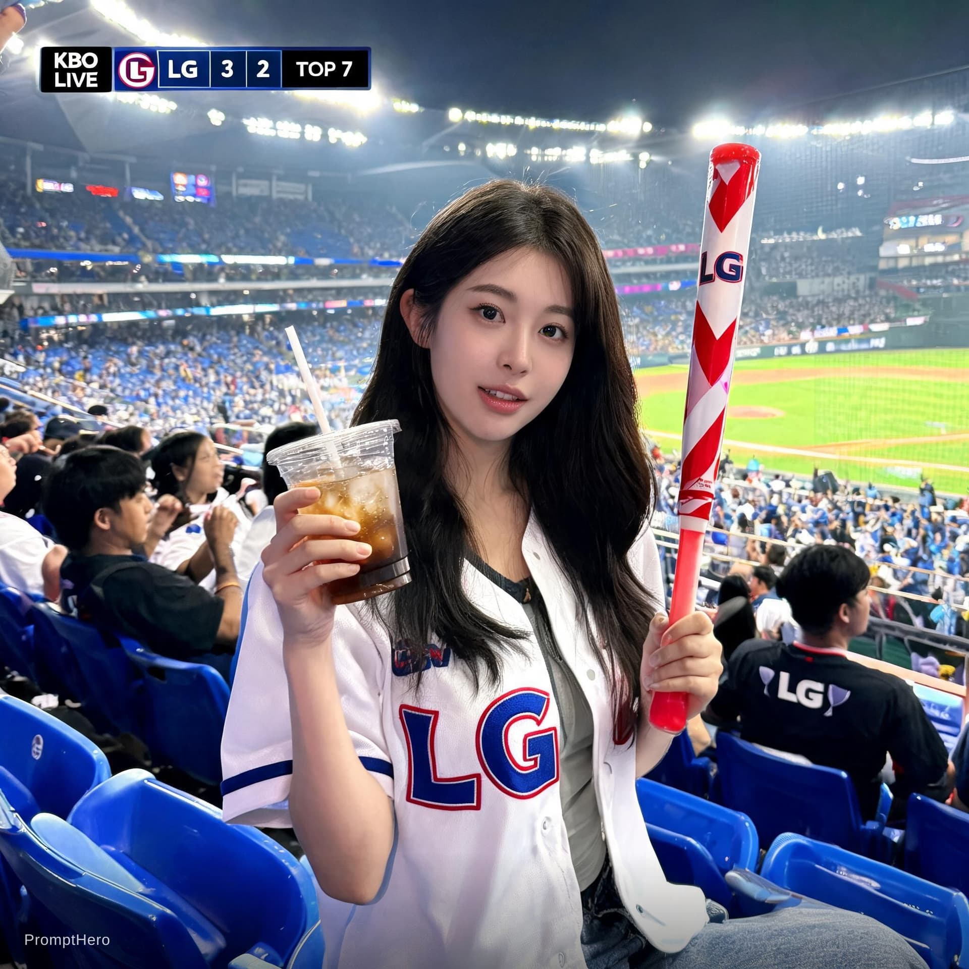 AI generated: Create an ultra-realistic candid KBO baseball broadcast screenshot of the same woman accidentally ca...