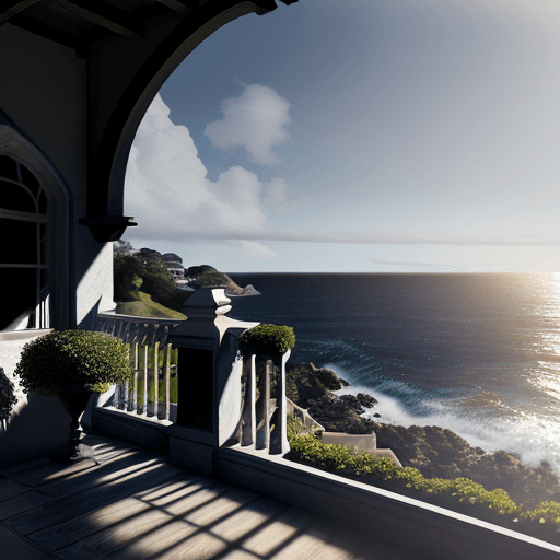 AI generated: Hyper realistic eye level exterior photo of a 16th century style house overlooking the ocean, daylig...