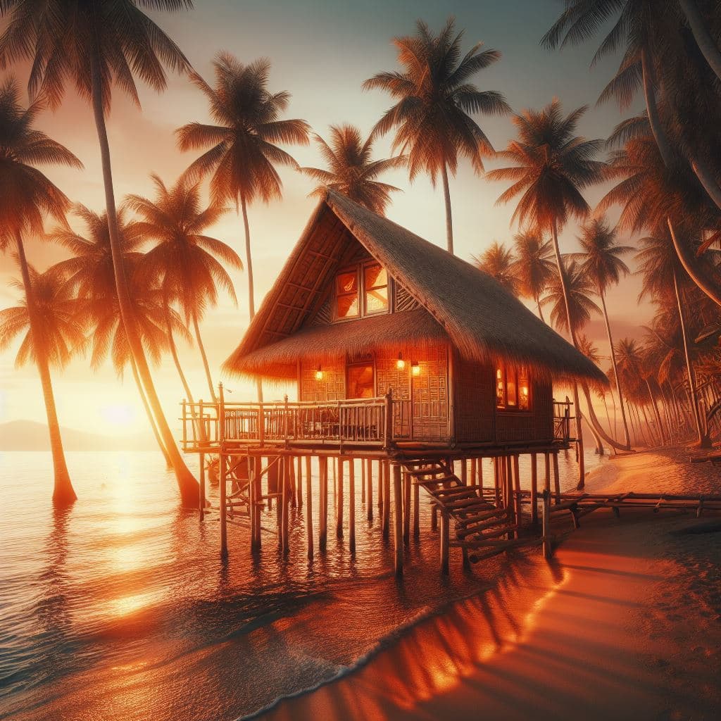AI generated: Bamboo house on the beach surrounded by palm trees at sunset
