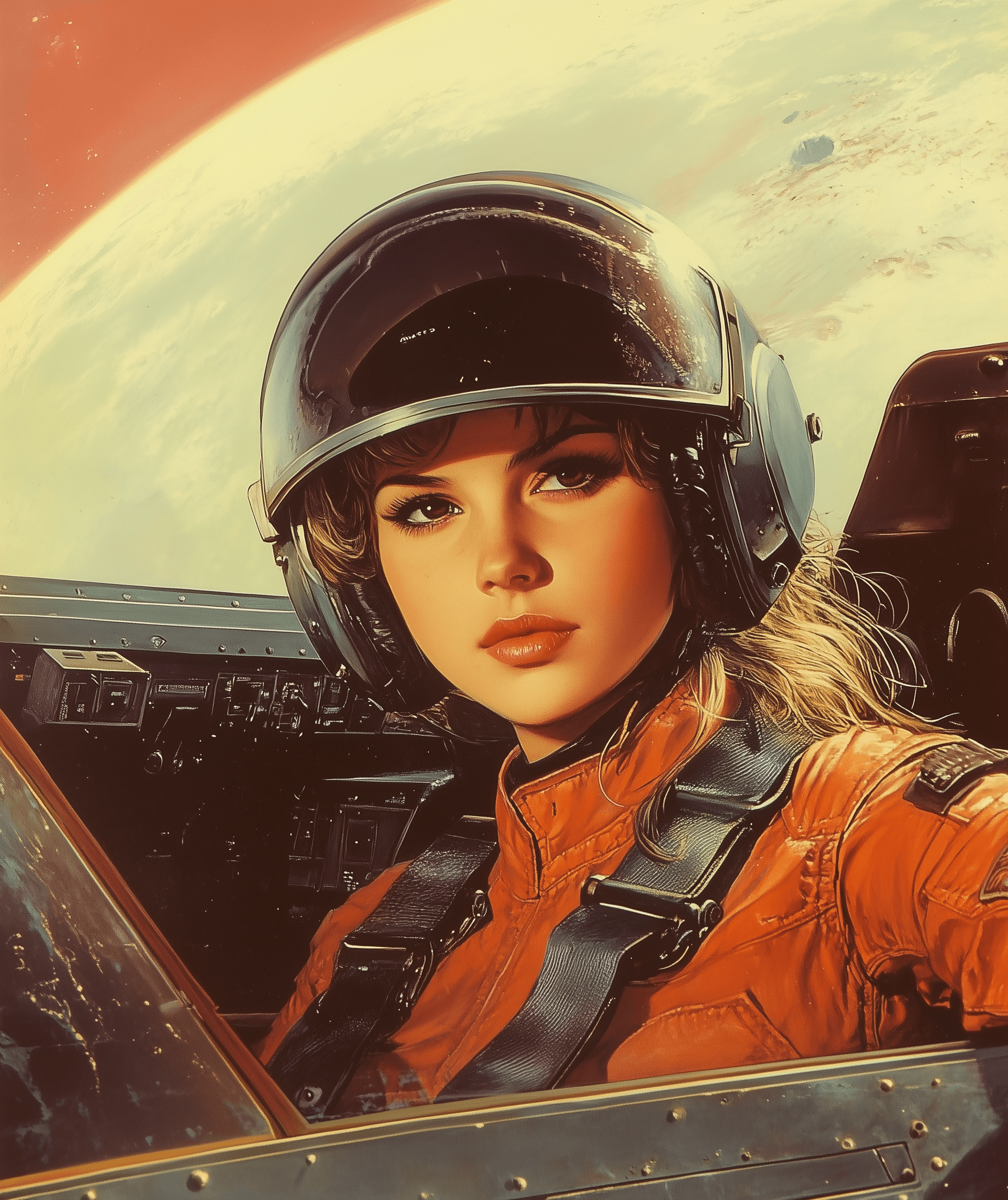 AI generated:  female pilot in the cockpit of her spacecraft, illustrated in the style of John Berkey and Michael ...
