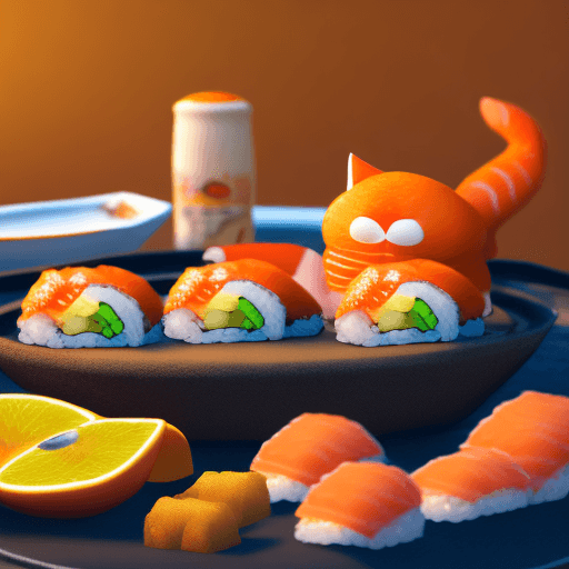AI generated: (Fat orange cat), eating sushi, thick coating style, highest quality, perfect masterpiece, perfect a...