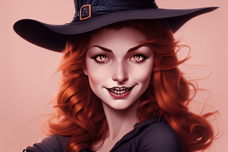 AI generated: Portrait of a smiling young witch wearing brimmed witch hat, intricate details, charming, sexy, pinu...