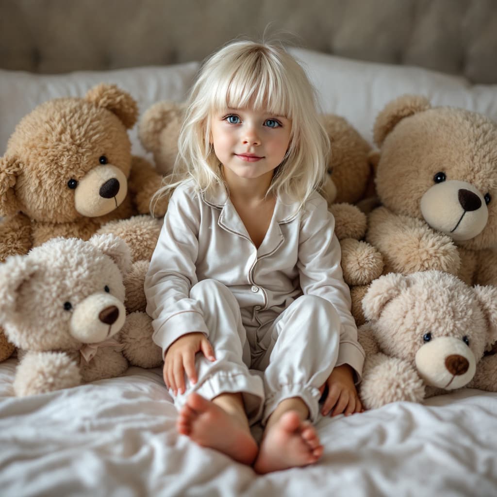 AI generated: cute skinny 10 y/o girl wearing soft pajamas and barefoot sitting on bed, platinum blonde hair, bang...