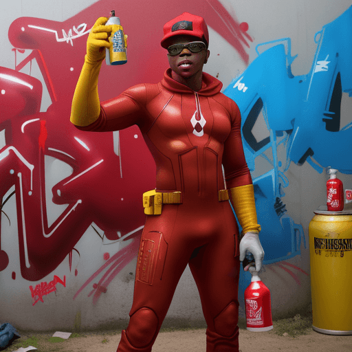 AI generated: JOHN BOYEGA IN A RED SPANDEX SUIT, WITH YELLOW GLOVES AND BOOTS , SUNGLASSES AND RED BACKWARDS CAP H...