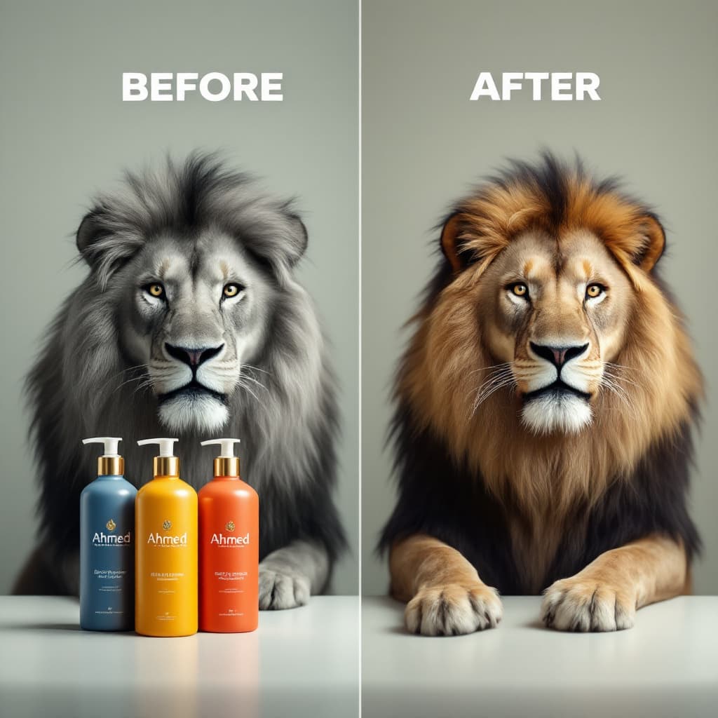 AI generated: A humorous "before and after" hair product ad featuring a majestic male lion. In the "before" image,...