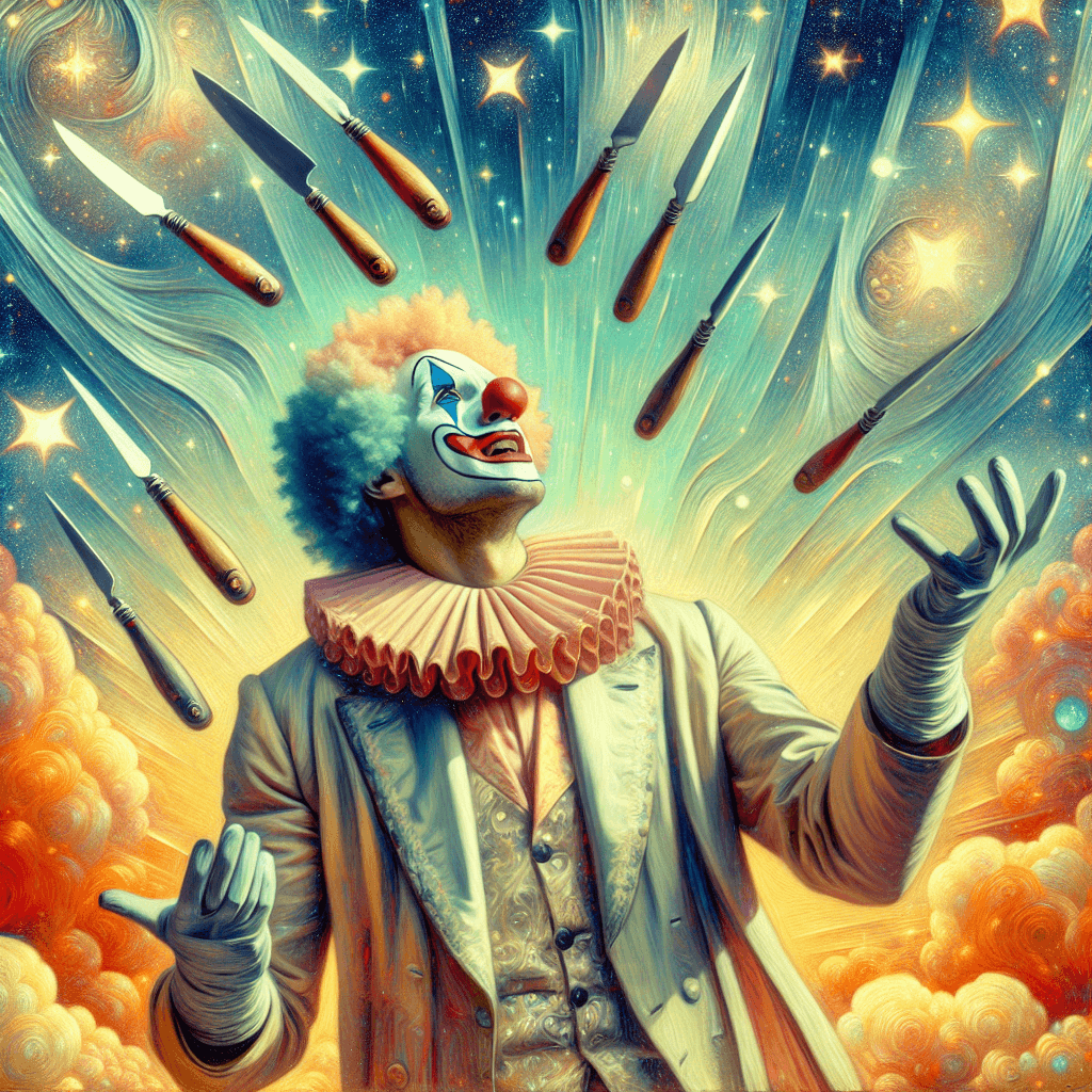 AI generated: an old clown vintage, 20th style juggling knives, in the style of Louis Wain and Maxfield Parrish an...