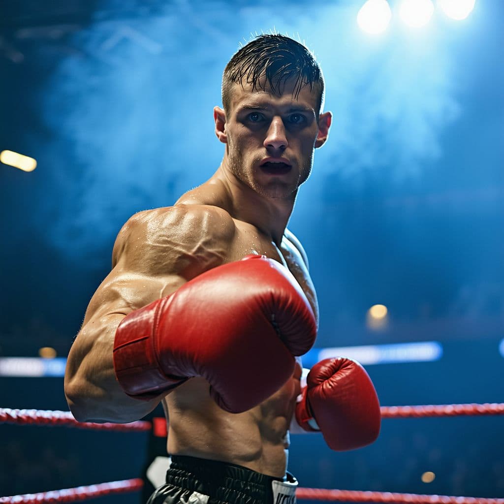 AI generated: photograph,a muscular boxer in the ring flexes his chiseled biceps, sweat glistening under the brigh...