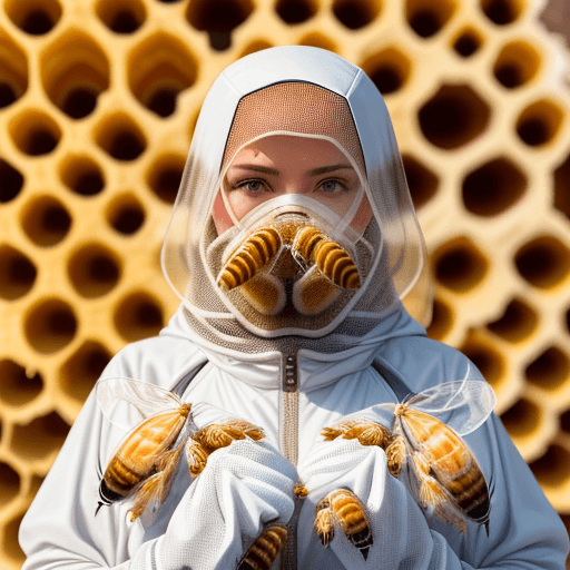 AI generated: Commercial photography, a woman wearing a protective white beekeeping suit with a veil to prevent be...