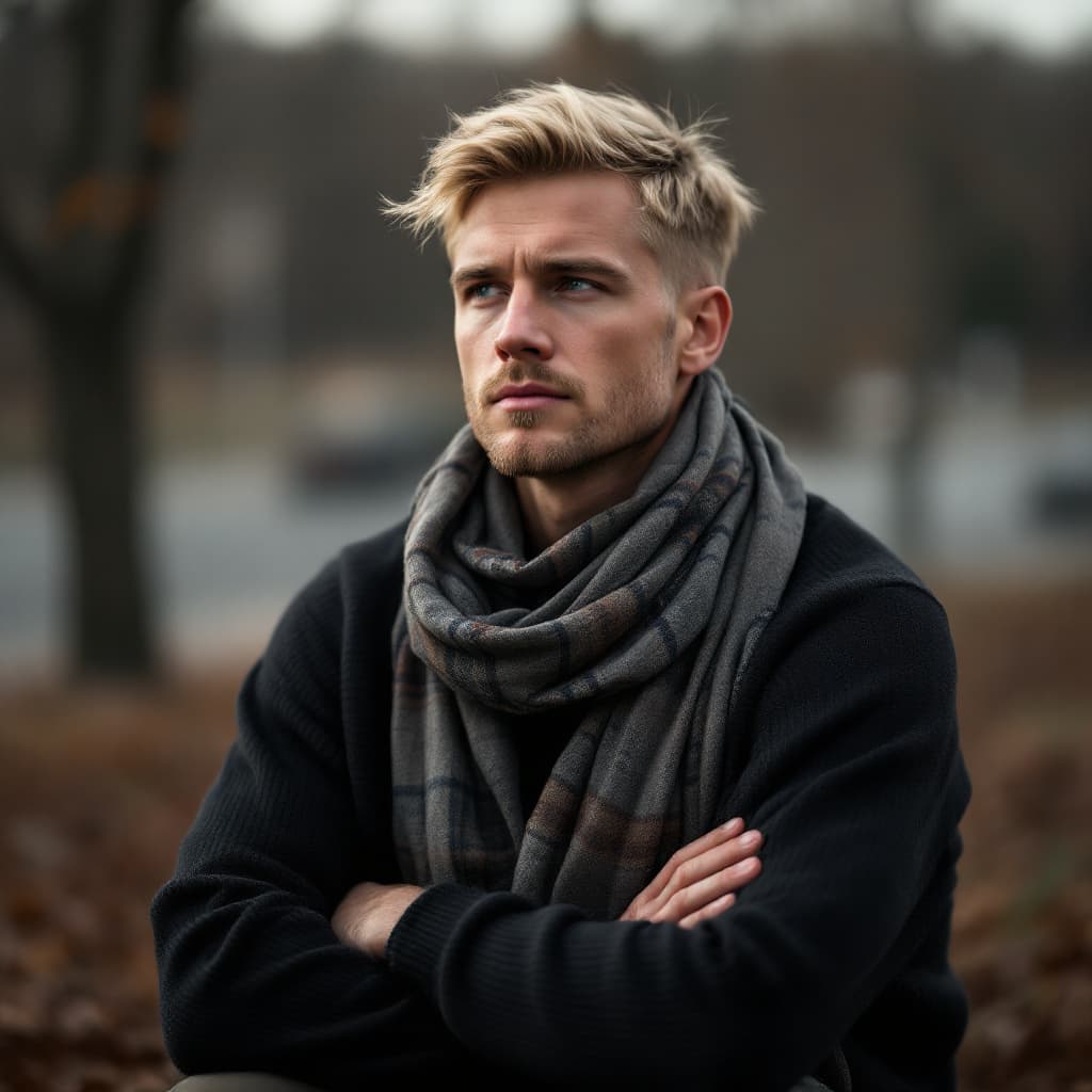 AI generated: a contemplative man sitting outdoors with arms crossed, wearing a dark sweater and a patterned scarf...