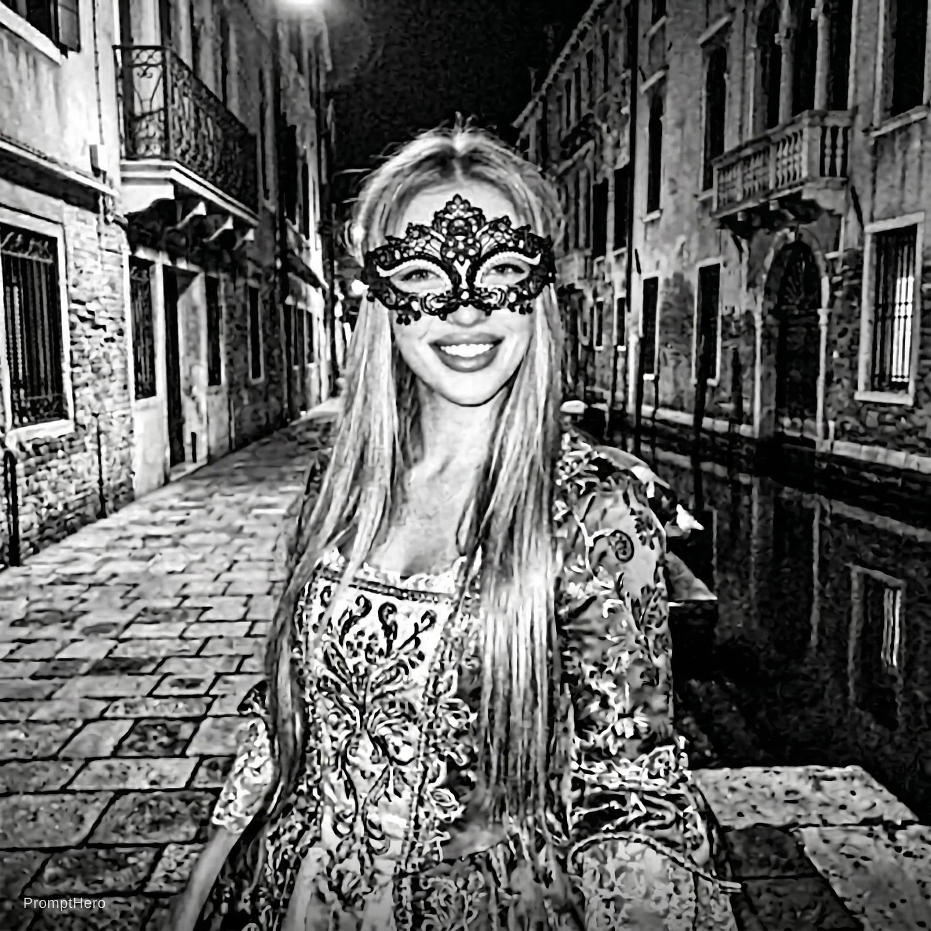 AI generated: put me a neat venetian laced mask and a venetian dress in the street of  Venetia the image is blurry...