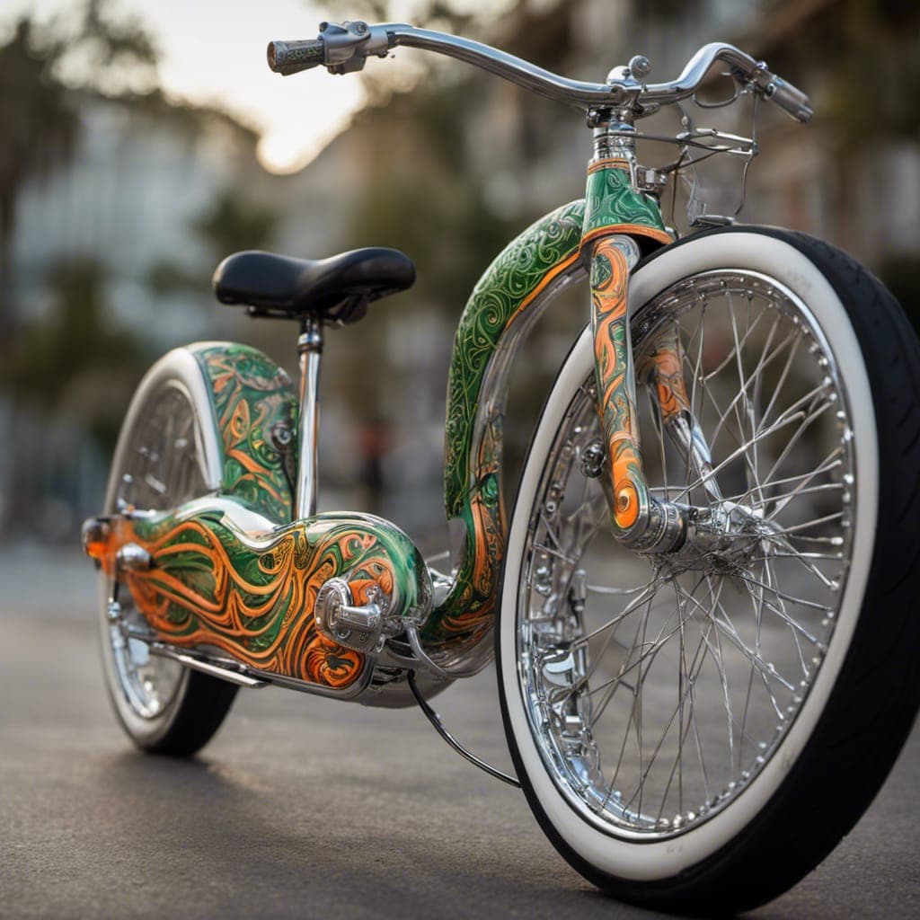 AI generated: A full wide view of a lowrider bicycle with custom engraving, with a scooter design, capturing the d...