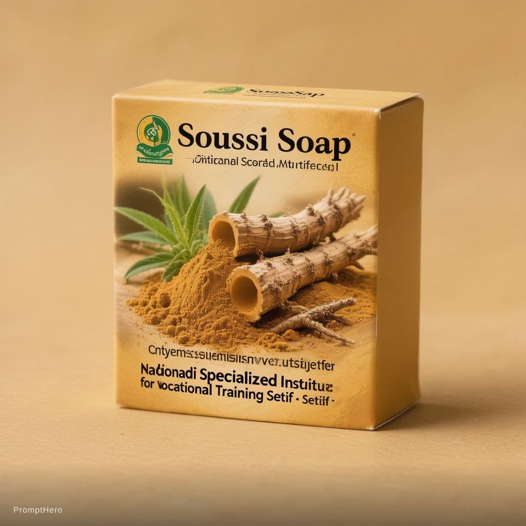 AI generated: The soap packaging is a three-dimensional, square, yellow-brown color containing an image of licoric...