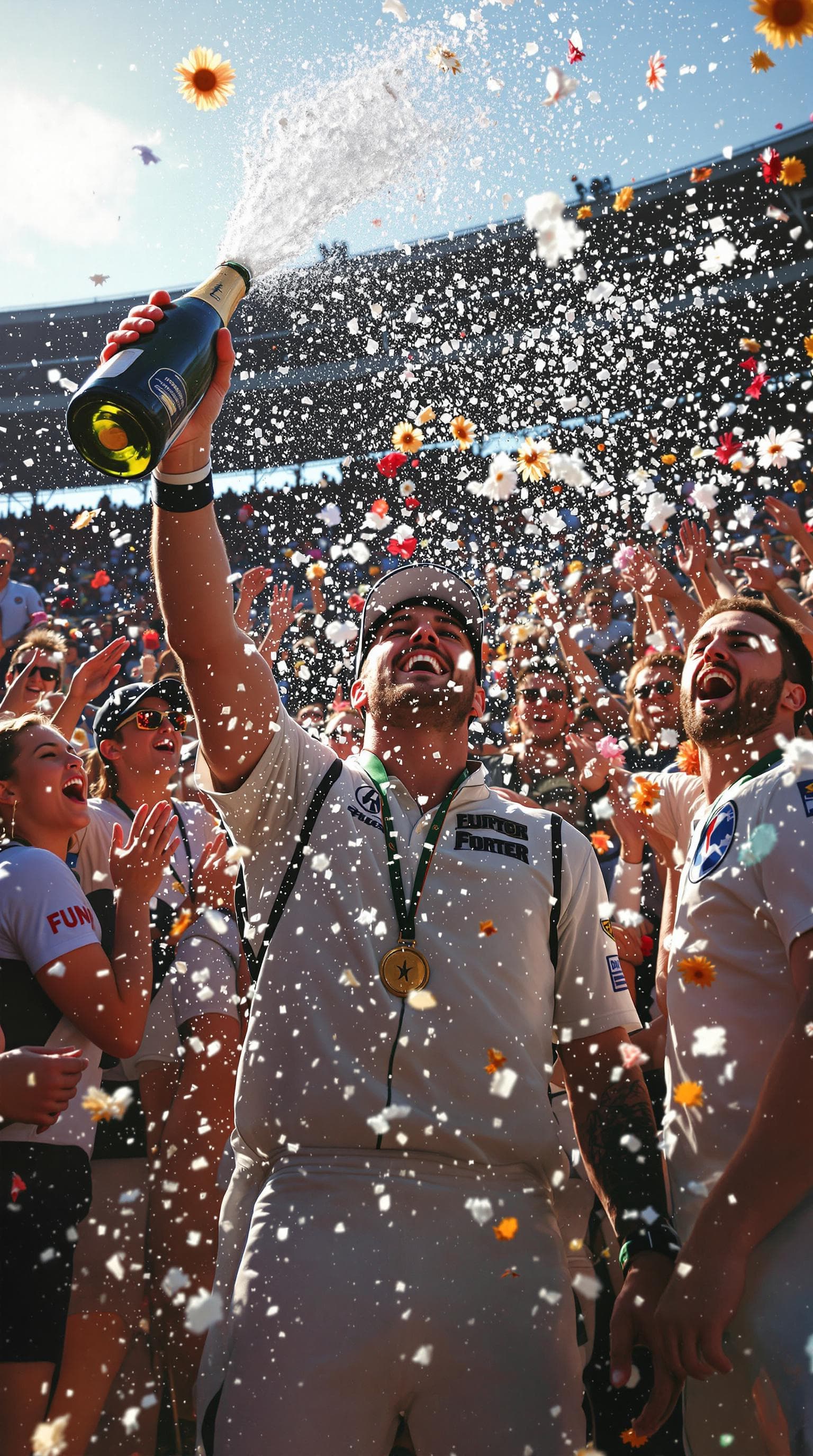 AI generated: Summer. The winner with his friends and teammates congratulate the winner. The winner holds a bottle...