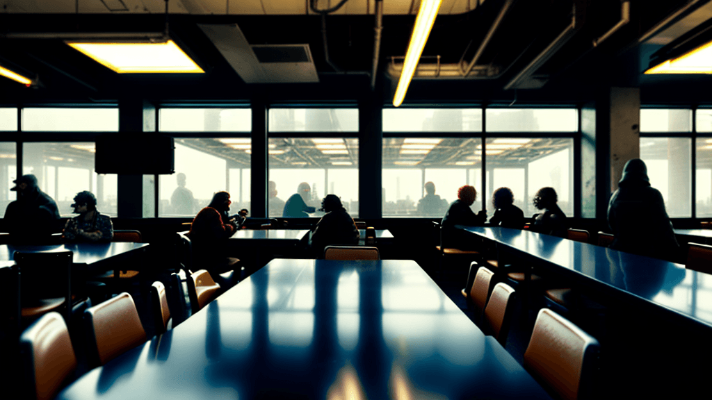 AI generated: Cyberpunk cafeteria with a few people during daylight Far away perceptive
