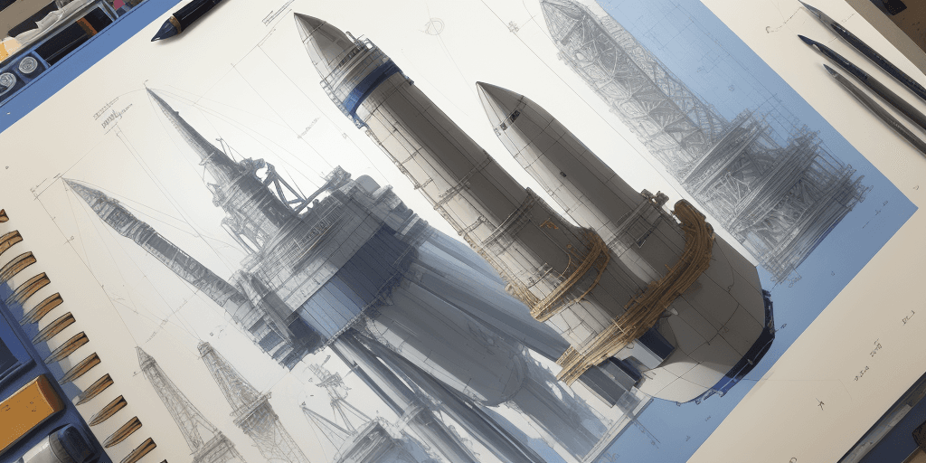 AI generated: sketches blueprint of Appolo Saturn V, huge spacecraft, F1 engines, formulas and annotations, schema...