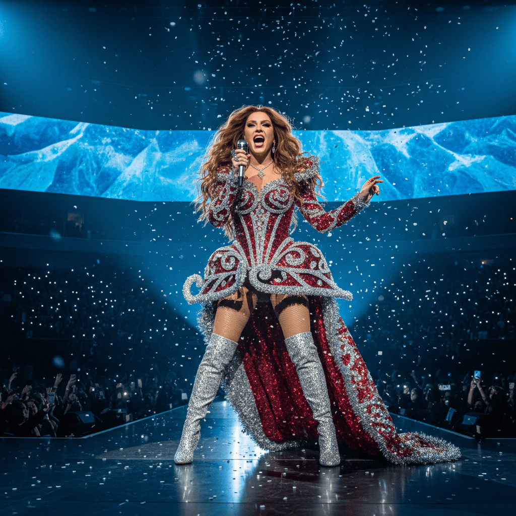 AI generated: A glamorous female superstar performing live on stage, powerful pose with flowing hair, holding a mi...