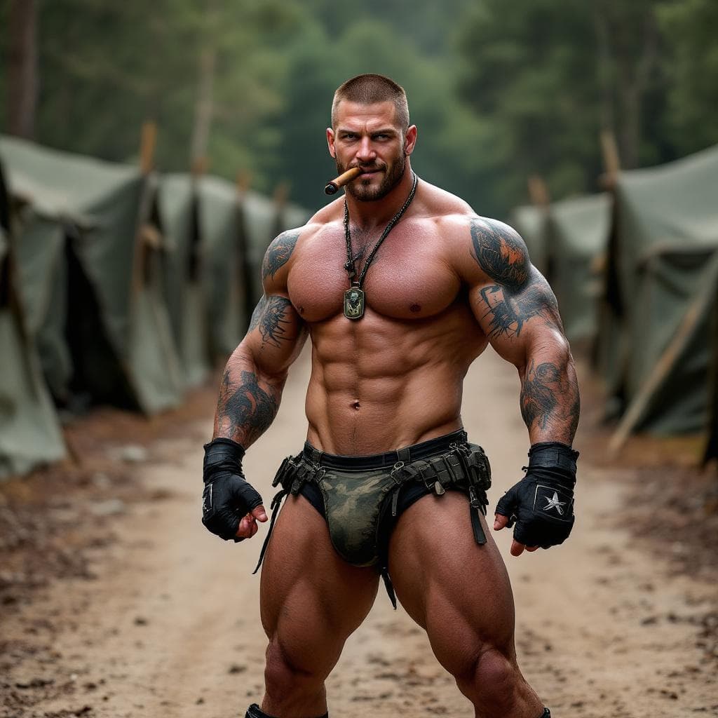 AI generated: Chris Redfield, Full body image, looking at us, shirtless, muscular abs, lots of tattoos, eagle ches...