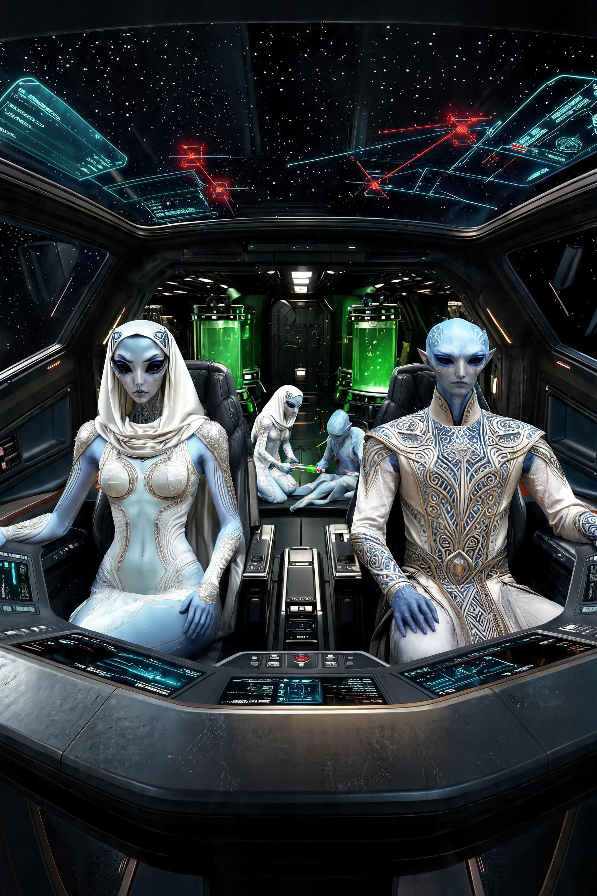 AI generated: Ultra-detailed cinematic sci-fi spacecraft cockpit traveling through deep space. The pale blue femal...