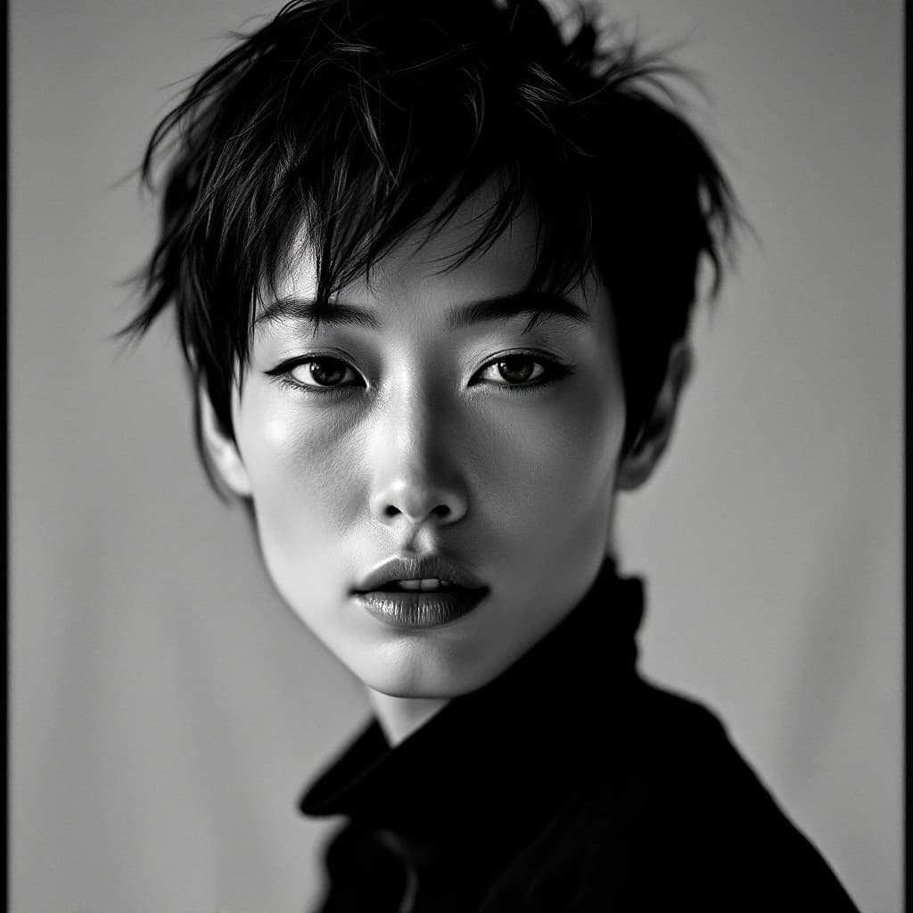 AI generated: High-fashion portrait of an androgynous middle-aged Chinese supermodel with short hair, fashion maga...