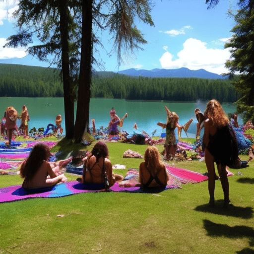 AI generated: Hippie psychedelic festival near lake. 