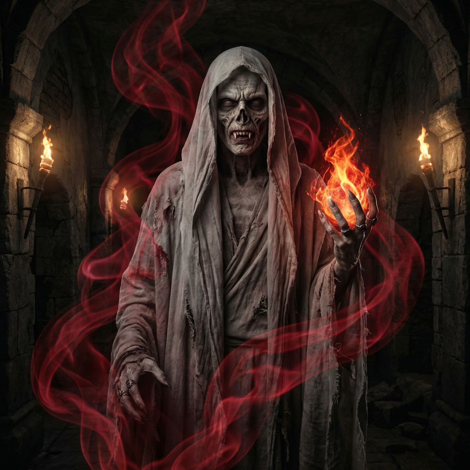 AI generated: A vampire lich with red mist swirling around it holding a fireball in its hand. More human decayed f...