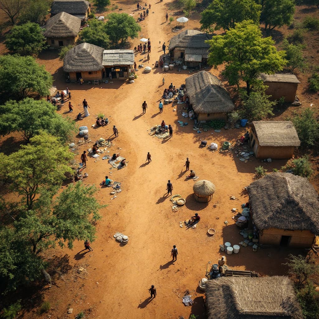 AI generated: an arial view of a typical african village with people going about there activities