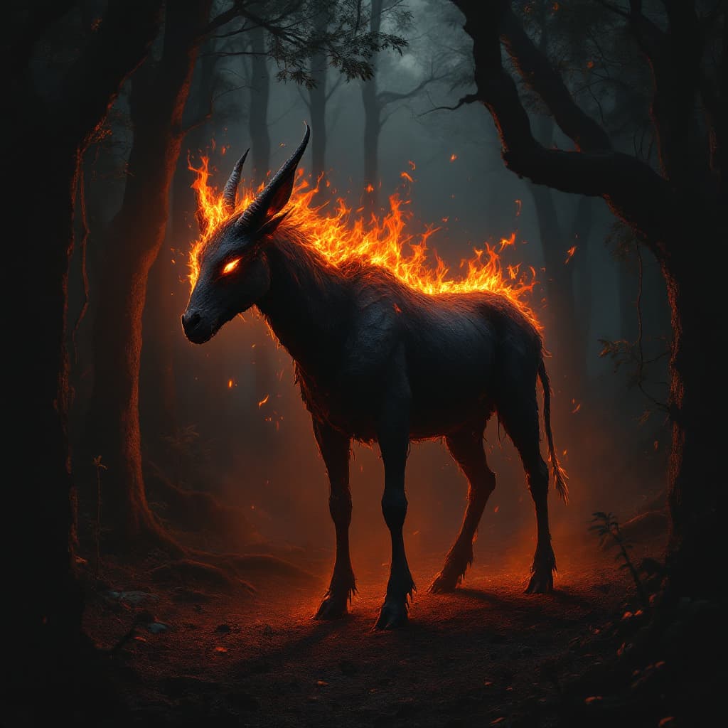 AI generated: A Brazilian folkloric creature, in the shape of a mule, with a dark body, "flames coming out of wher...