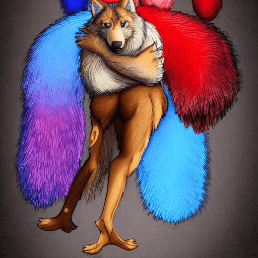 AI generated: gay, furry, nsfw, anthropomorphic, wolf brown fur, striped fur, blue eyes, ears with tuff, long peni...